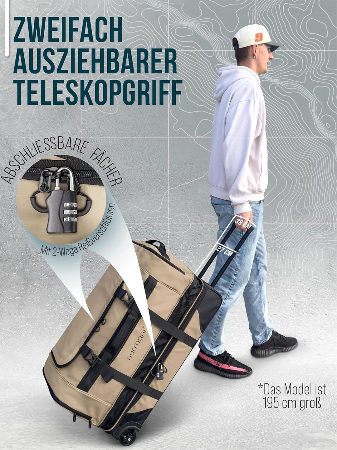 normani XXL Reisetasche 100-120 Liter 2-Rad Trolley gross Weichgepäck Travel Bag mit Rollen und 8 Fä
