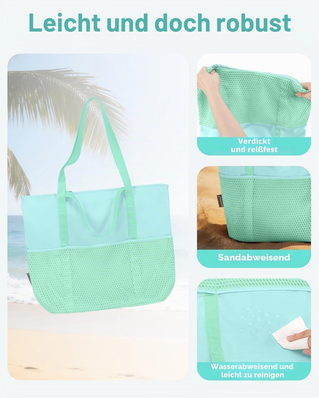 KABAQOO Strandtasche Damen mit Reissverschluss Badetasche Klein mit Fächern Faltbar Shopper Tasche S