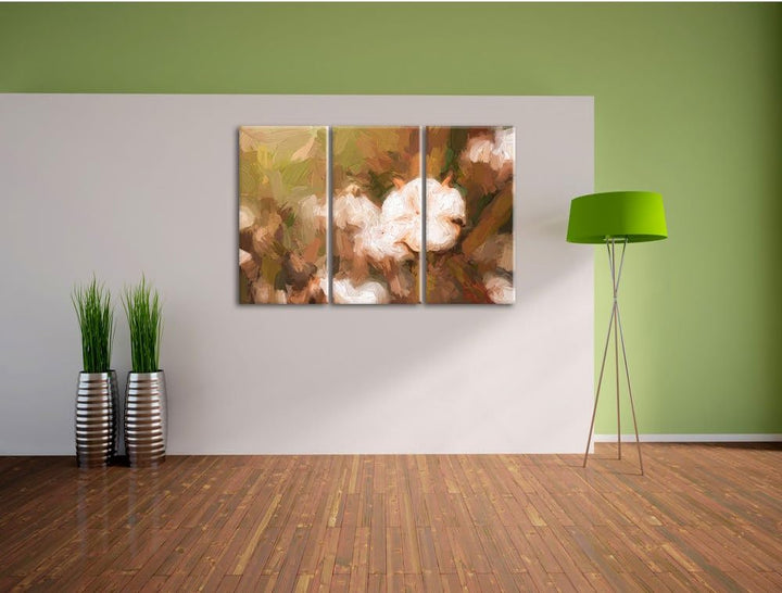 Pixxprint eine ausgereifte Knospe voller Baumwolle Kunst Pinsel Effekt 3-Teiler Leinwandbild 120x80