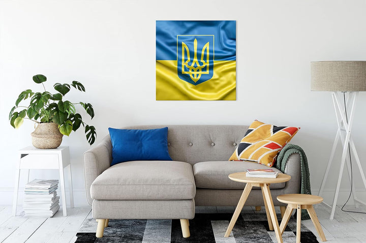 Pixxprint Ukraine Flagge mit Wappen als Leinwandbild Quadratisch| Grösse: 60x60 cm | Wandbild | Kuns