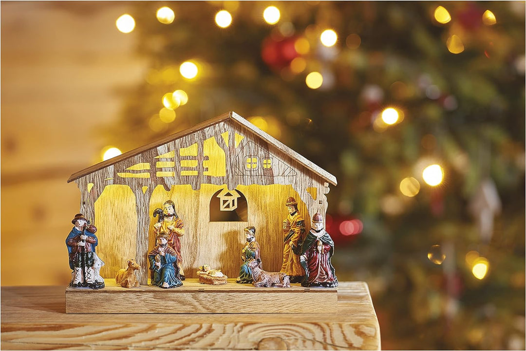 EMOS Weihnachtskrippe mit handbemalten Figuren, Weihnachtsdekoration mit 5 LEDs, warmweisses Licht,