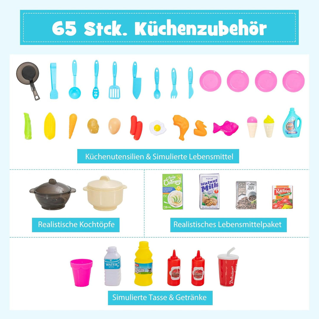 COSTWAY 65 TLG. Kinderküche mit Lichter, Musik und Sound, Spielküche inkl. Zubehör, Kinderspielküche