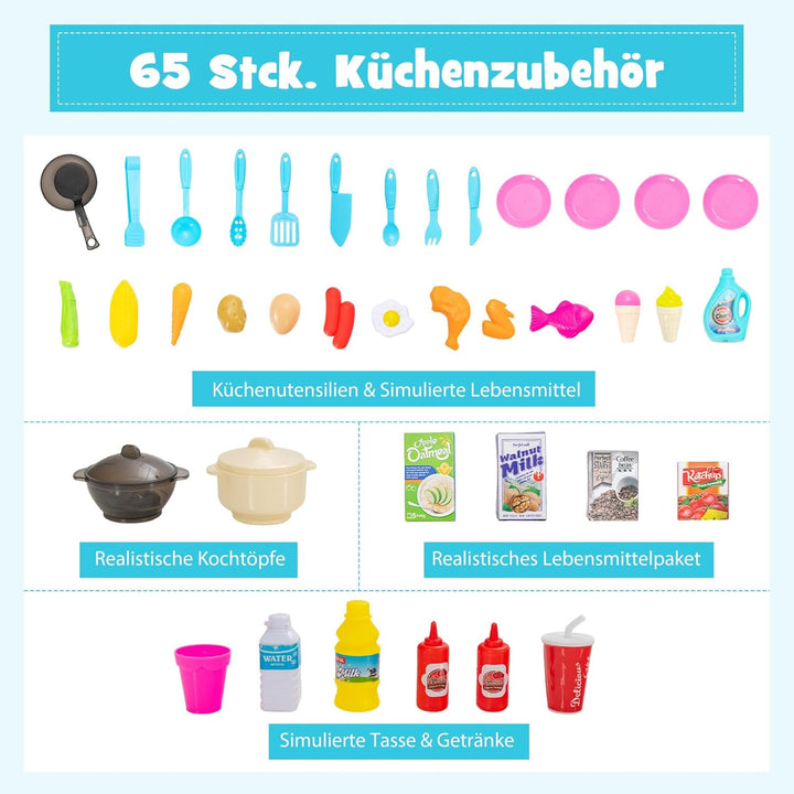 COSTWAY 65 TLG. Kinderküche mit Lichter, Musik und Sound, Spielküche inkl. Zubehör, Kinderspielküche