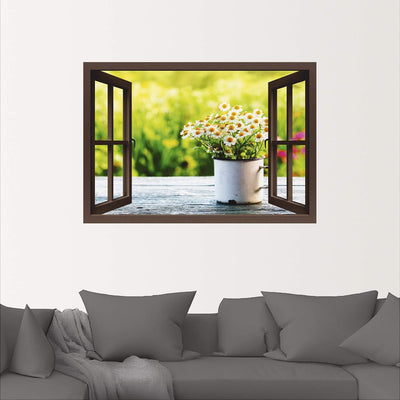 ARTland Wandbild selbstklebend Vinylfolie 100x70 cm Fensterblick Fenster Botanik Blumen Gänseblümche