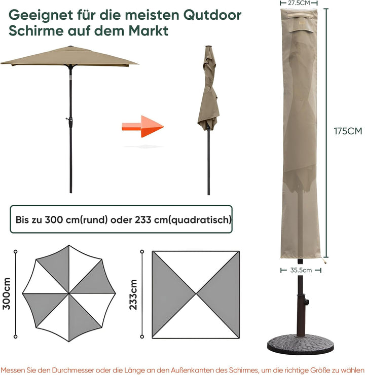 Sekey Schutzhülle für Ø 300 cm Sonnenschirm, Abdeckhauben für Sonnenschirm 170cm×27.5/33.5cm Taupe,