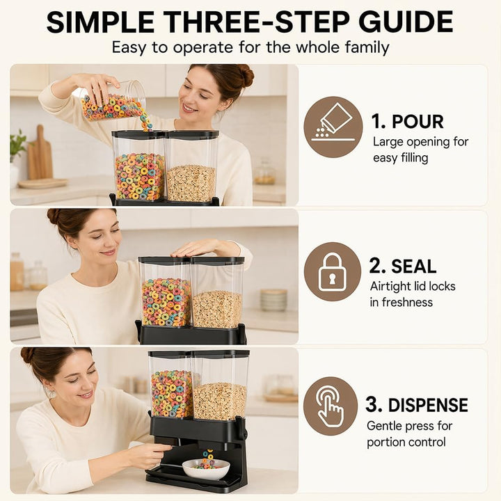 CEWEOM Cereal Dispenser, Pack of 2, Double 3L Airtight Cereal Storage Box for Organising the Kitchen