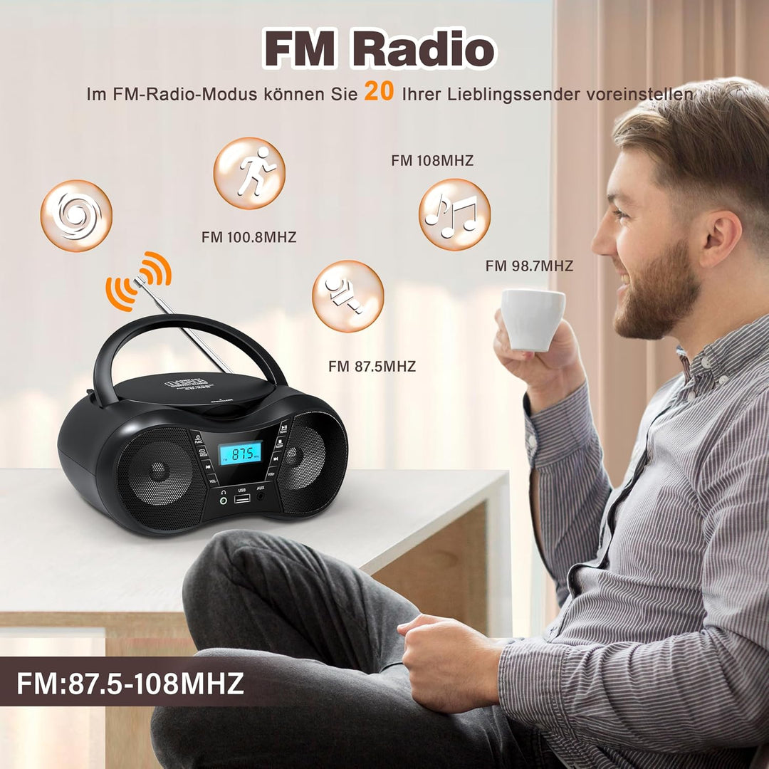 Greadio Tragbarer CD Player Bluetooth 5.1, Boombox Radio mit CD-Player, USB, AUX-In, Netz- und Batte