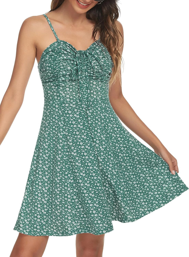 Missufe Damen Sommerkleid Swing Blumenkleid Freizeitkleid Spaghettiträger Cami Kleider S Grün, S Gr&