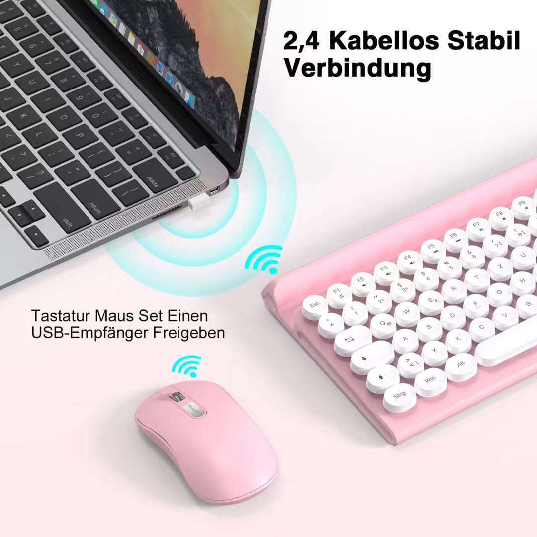 Maus und Tastatur,RaceGT Tastatur Kabellos Schreibmaschine Tastatur Rosa Funktastatur mit Maus Retro