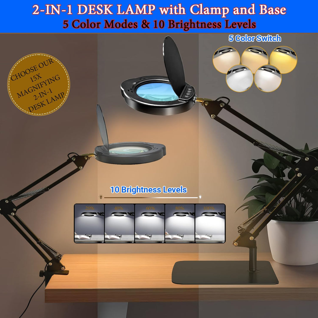 15X Magnifying Glass Desk Lamp with Clamp and Base, Real Glass Lens, 84 LEDs, 5 Color Modes Dimmable