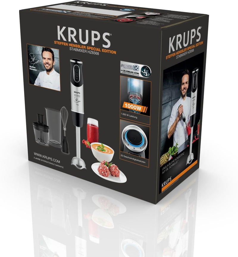 Krups Perfect Mix Stabmixer HZ6568 | Blender | 1000 Watt | Edelstahlfuss | 4 extra scharfe Messer |