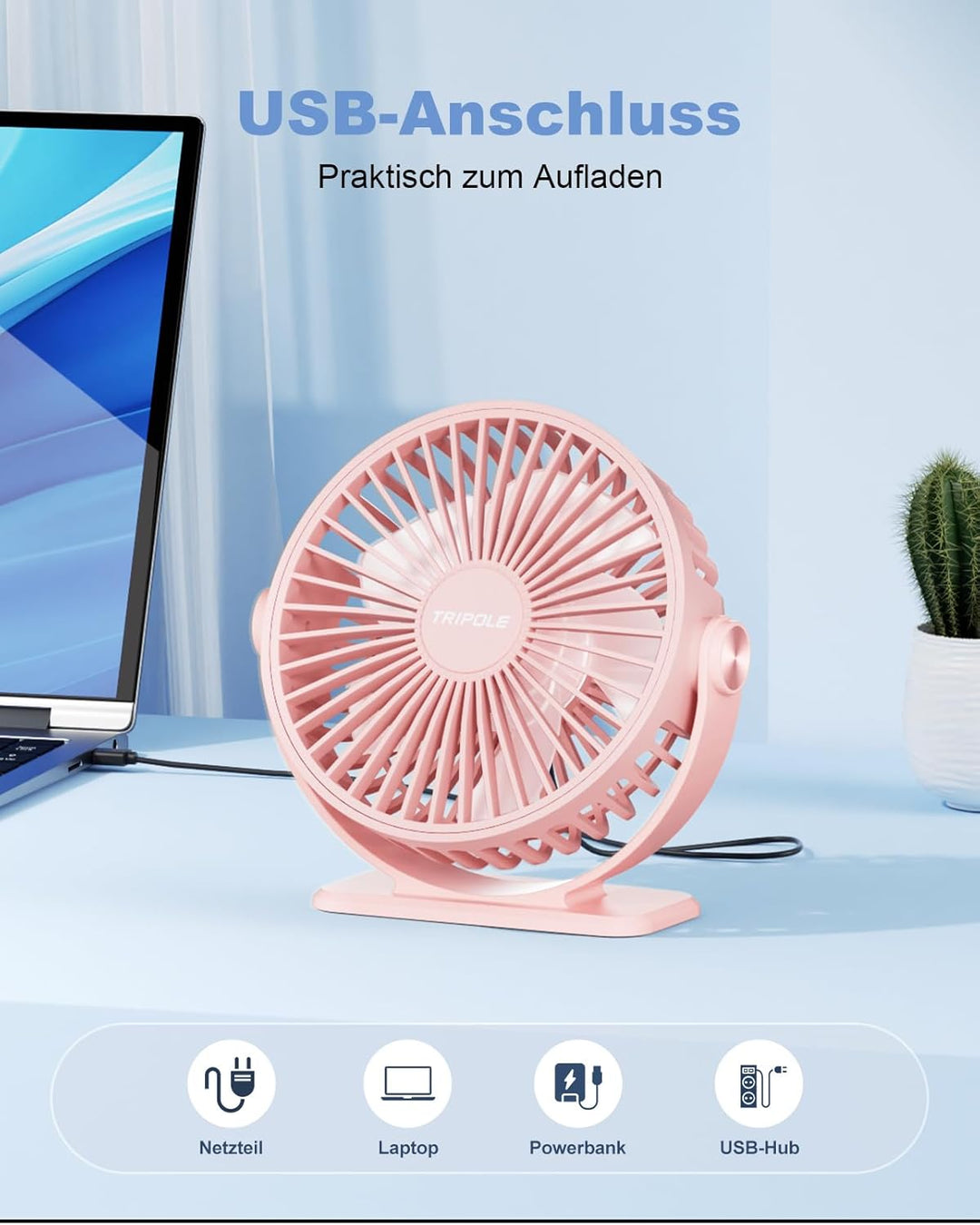 TriPole Mini Ventilator mit 3 Gang, USB Tischventilator Leistungsstark, 360° Neigung, Tragbar für Bü