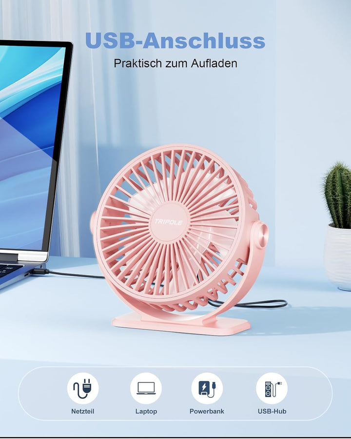 TriPole Mini Ventilator mit 3 Gang, USB Tischventilator Leistungsstark, 360° Neigung, Tragbar für Bü