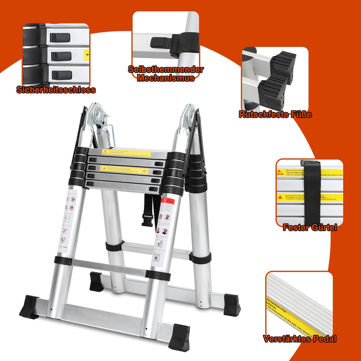 Cecaylie Teleskopleiter Klappleiter Aluminium, 3.8M(1.9M+1.9M) Ausziehbare Leiter mit Stabilisatoren