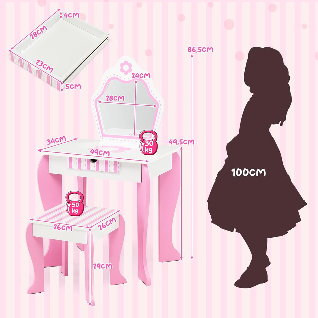 GOPLUS Kinder Schminktisch Set, Make up Schminktisch mit Hocker Spiegel, 2 in 1 Frisiertisch mit Sch
