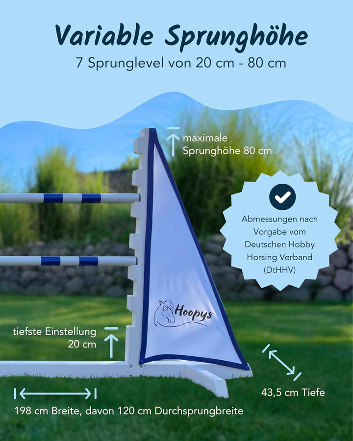Hobby Horse Hindernis aus Holz - blau - mit zwei Sprung Stangen - Steckenpferd Spielzeug für den Gar