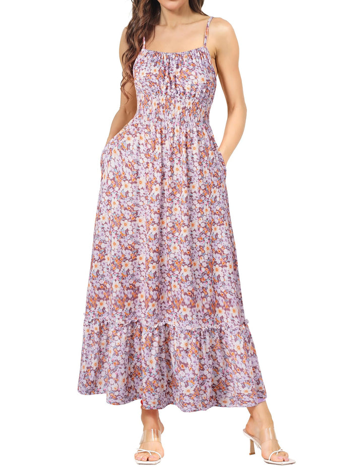 GRACE KARIN Damen Ärmellos Blumenkleid Maxikleid Casual Cami-Kleid Böhmisch Kleid Spaghettiträger Sm