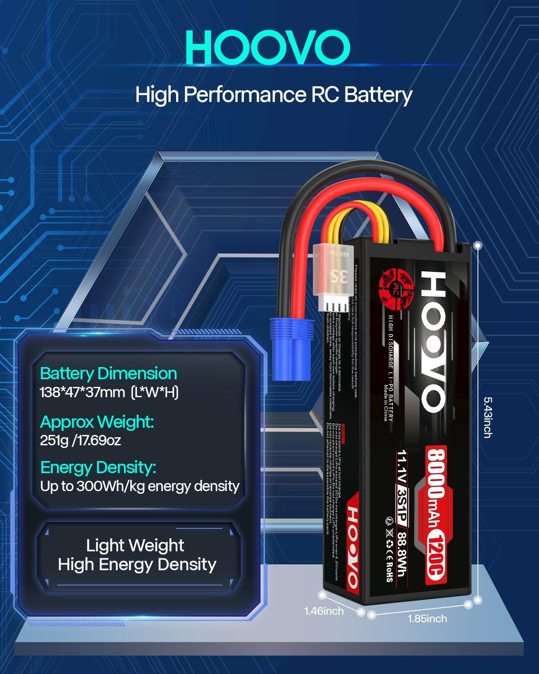 HOOVO 11,1V Lipo Akku 3S 8000mAh 120C HardCase RC Akku Battrien mit EC5 Anschlussstecker für RC Scal