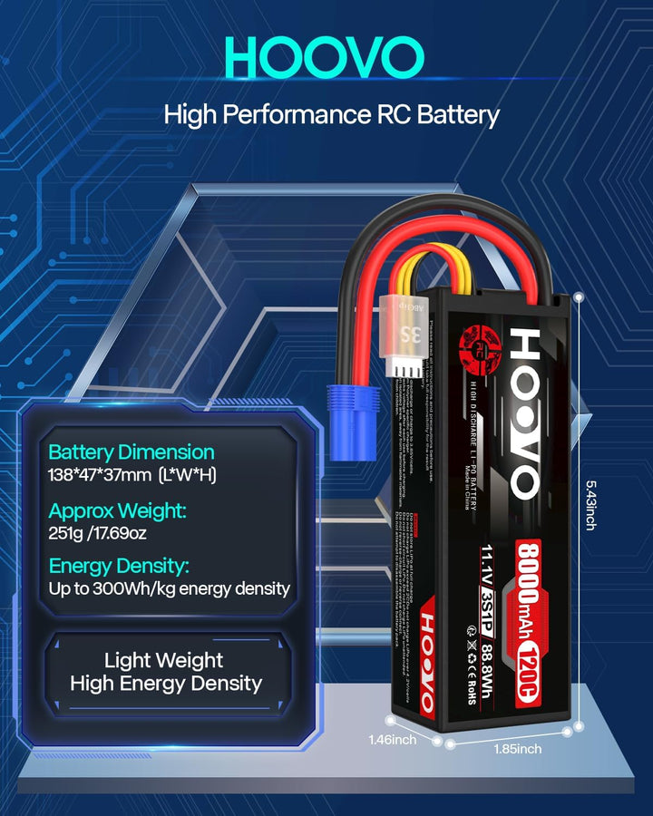 HOOVO 11,1V Lipo Akku 3S 8000mAh 120C HardCase RC Akku Battrien mit EC5 Anschlussstecker für RC Scal