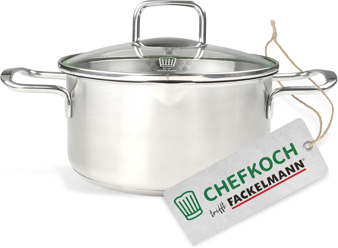 FACKELMANN Chefkoch Topf Ø14 cm München aus Edelstahl – Hochwertiger Kochtopf Ausschüttfunktion – Fü