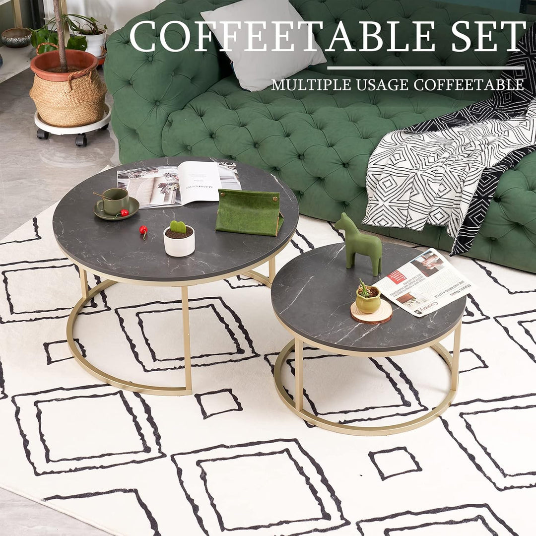 Soayone Couchtisch Rund 2er Set, Schwarz Marmor Couchtisch mit Gold Metallgestell, Beistelltisch Run