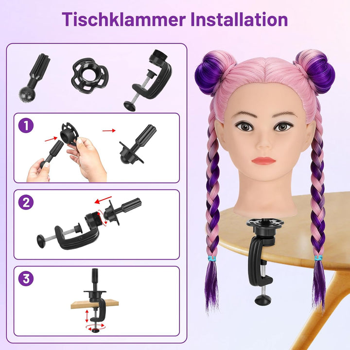 TwoWin Friseurkopf Echthaar mit Ohrlöchern, 71 cm (28 Zoll) 100% Synthetischer Mannequin Frisierkopf