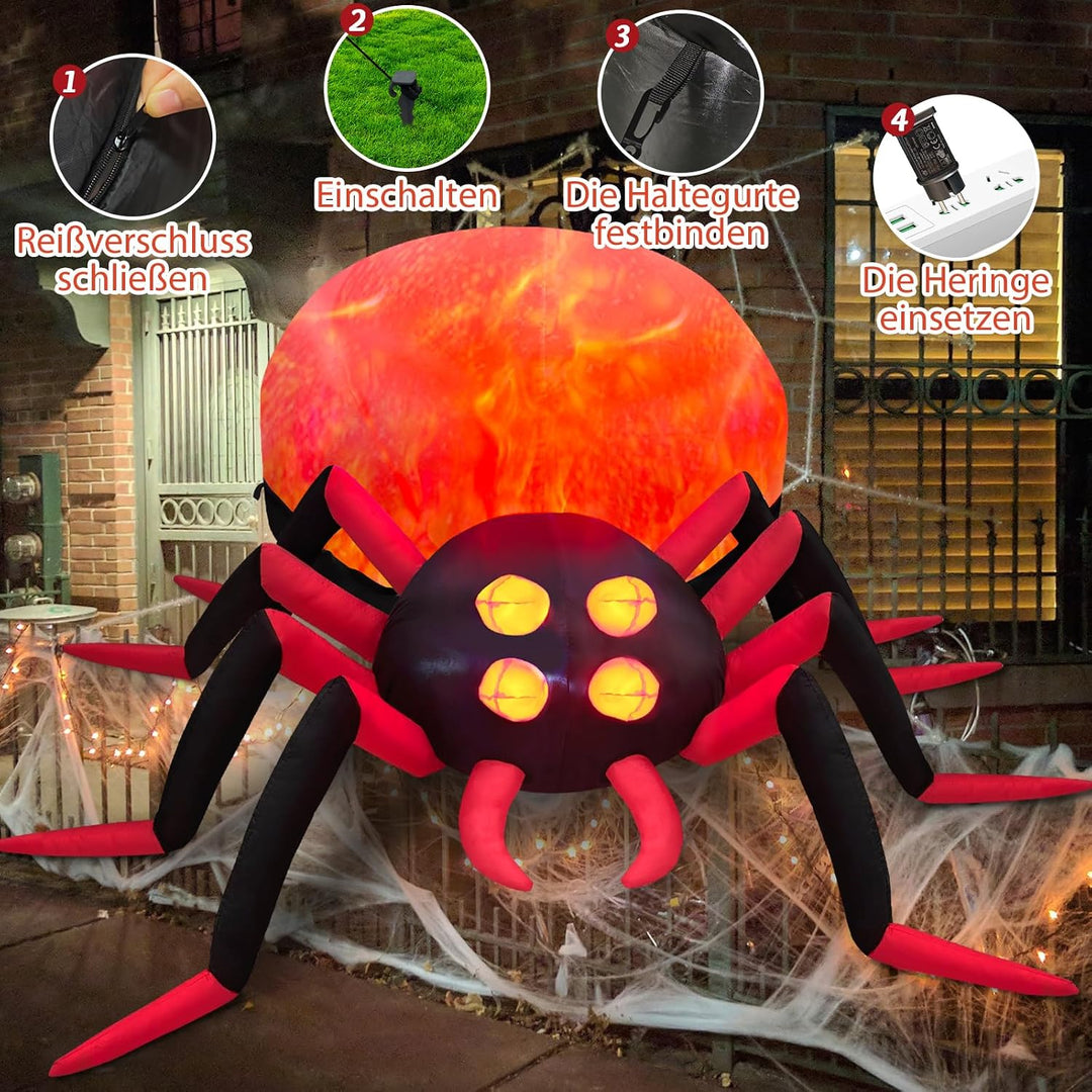 244 cm riesige aufblasbare Halloween-Spinne für den Aussenbereich mit rotierendem LED-Flammenlicht a