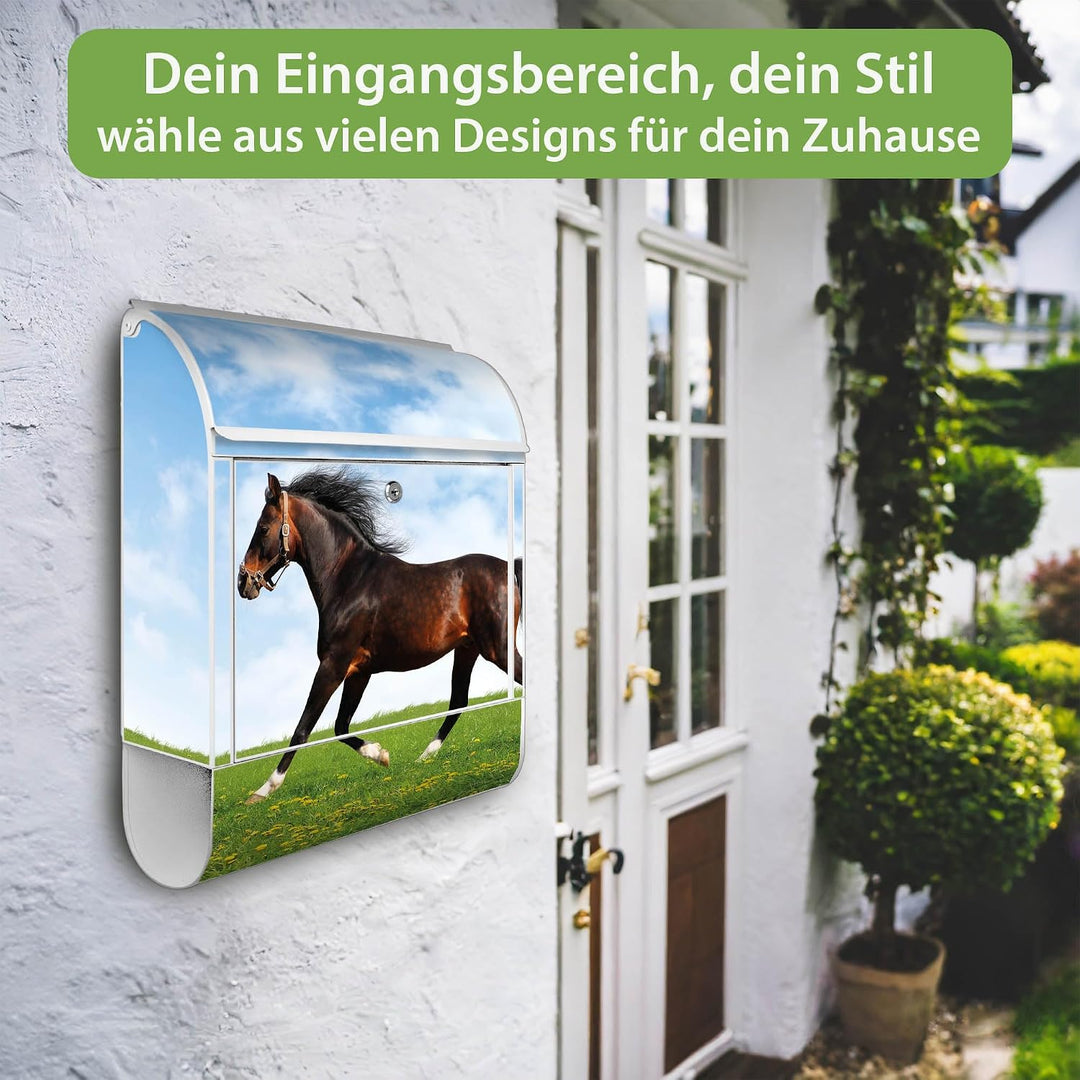 banjado® Design Briefkasten mit Motiv Pferd 39x47x14cm &amp; 2 Schlüssel - Briefkasten Stahl weiss mit Z