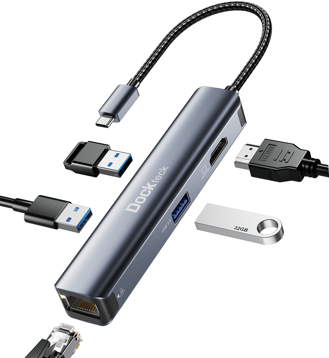USB C Hub Dockteck 5 in 1 USB C Dock, USB-C Adapter mit Ethernet LAN RJ45, 4K HDMI, 3 USB 3.0 für Ma