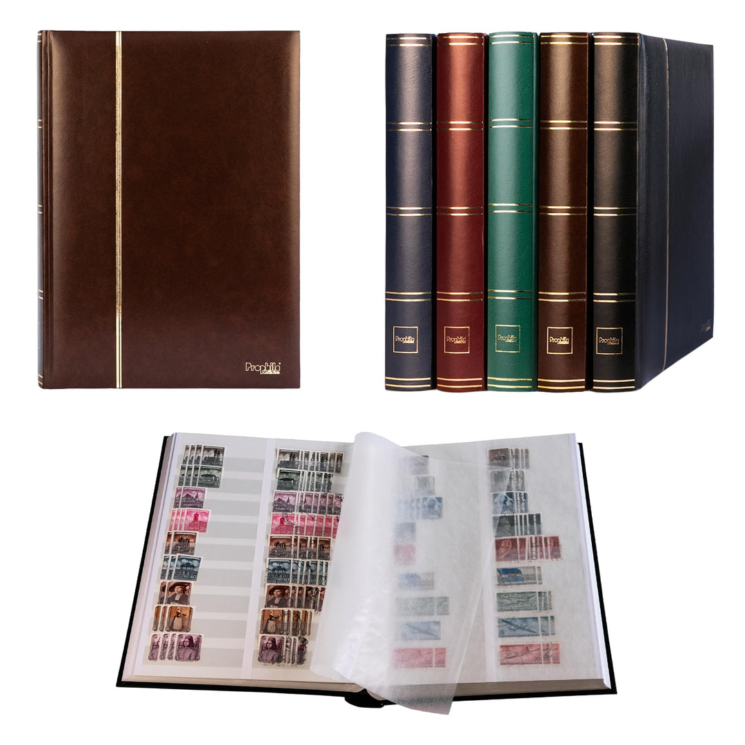 Prophila 60 weisse Geteilte Seiten Briefmarkenalbum Einsteckbuch wattierter brauner Einband
