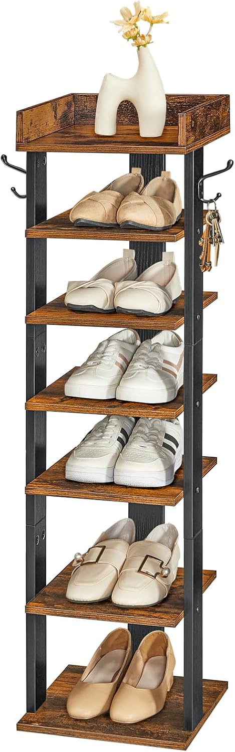 HOOBRO Schuhregal, vertikales Schuhablage, 7-lagiger Schuhschrank, schmale Schuhständer mit Zaun und