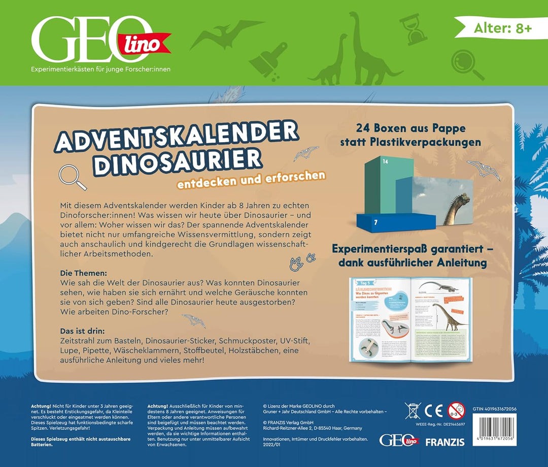 FRANZIS 67205 - GEOlino Adventskalender Dinosaurier entdecken und erforschen, 24 spannende Experimen