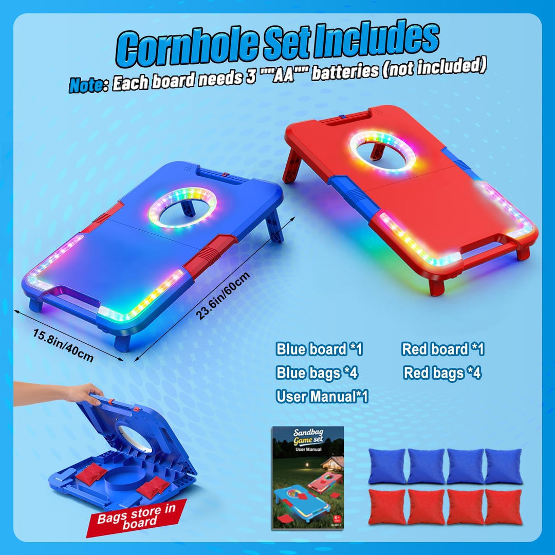 Leuchtendes Cornhole-Spielset mit Sound, 2 klappbare Boards & 8 Wurfsäcke, Sitzsack-Wurfspielzeug, t