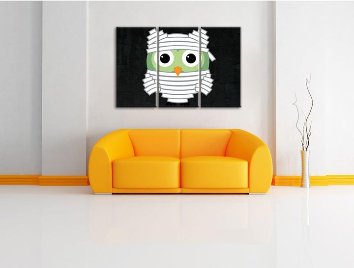 Pixxprint Lustige Mumien Eule als Leinwandbild/Grösse: 3 Teilig (120x80) cm/Wandbild/Kunstdruck/fert