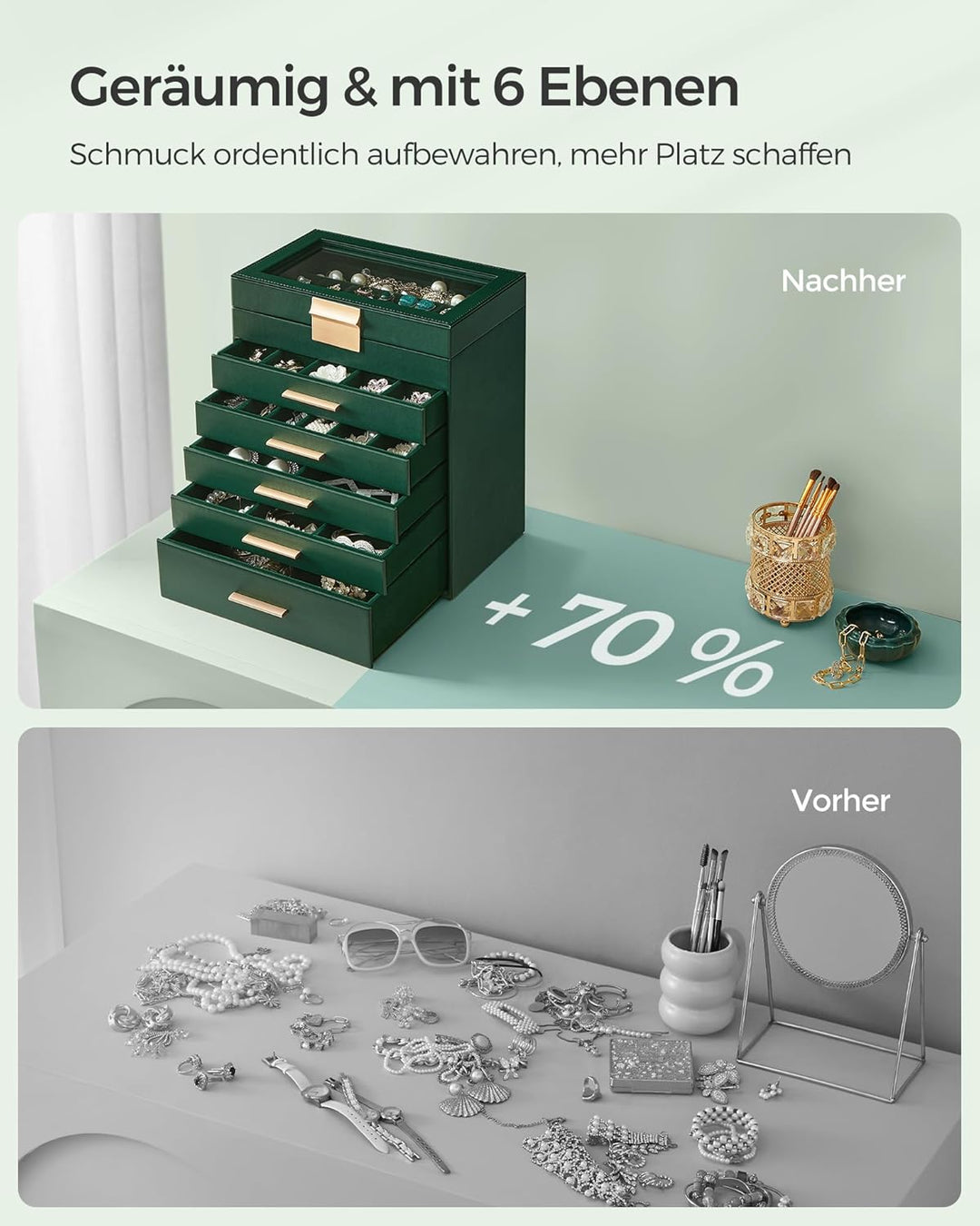SONGMICS Schmuckkästchen, Schmuckkasten mit 6 Ebenen, Schmuckbox mit Glasdeckel, 5 Schubladen, für S