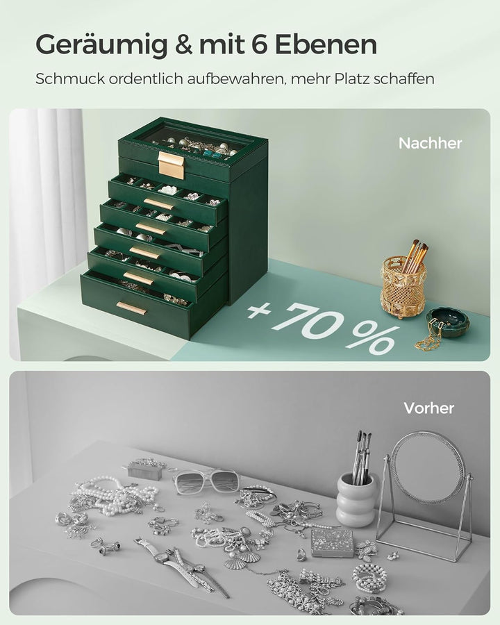SONGMICS Schmuckkästchen, Schmuckkasten mit 6 Ebenen, Schmuckbox mit Glasdeckel, 5 Schubladen, für S
