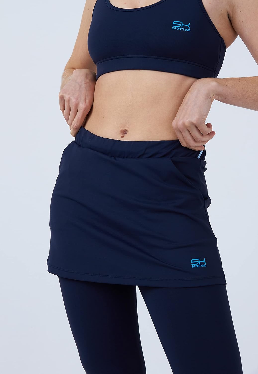 Sportkind Mädchen & Damen 2-in-1 Tennisrock mit Taschen & 3/4 Capri Leggings, Laufrock, Yogahose mit