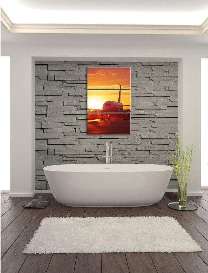 Pixxprint Flugzeug im Sonnenuntergang 3Teiler 120x80 cm Leinwandbild Wandbild Kunstdruck