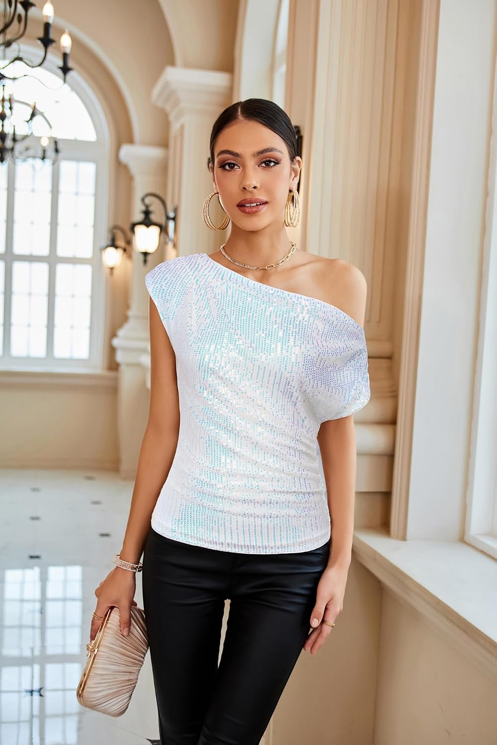 GRACE KARIN Damen Pailletten Oberteil One-Shoulder, Asymmetrisch &amp; Voll Gefüttert, Festliches Party
