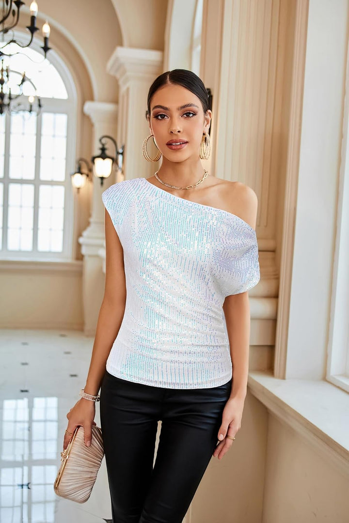 GRACE KARIN Damen Pailletten Oberteil One-Shoulder, Asymmetrisch &amp; Voll Gefüttert, Festliches Party