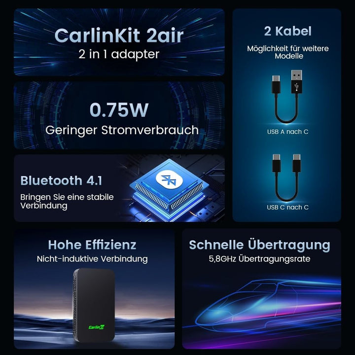 CarlinKit 5.0 Wireless CarPlay/Android Auto 2Air-Adapter, original Auto verdrahtet, um drahtlose Fun