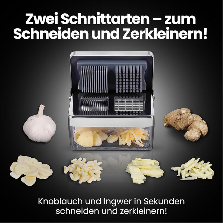 Knoblauchpresse Edelstahl 2-in-1 – Knoblauchschneider & Knoblauch Zerkleinerer mit Auffangbehälter,
