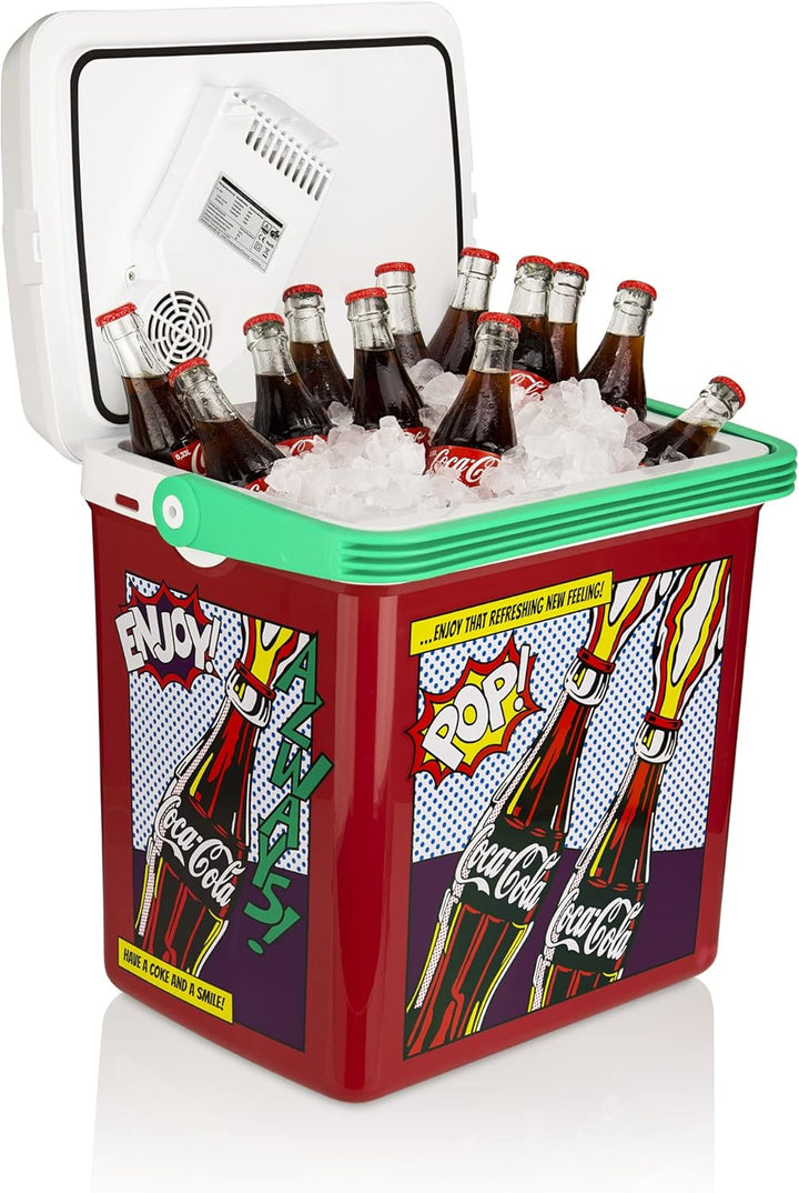 °CUBES Coca-Cola Elektrische Kühlbox I Popart Design I 25 Liter I Auto Kühlbox 12 Volt mit 2 Anschlü