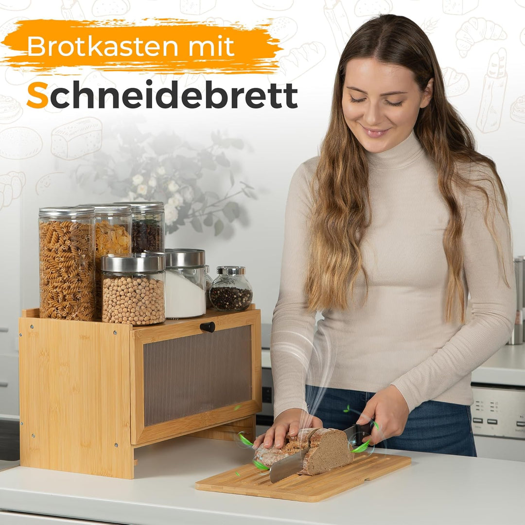 AH® Bambus Brotkasten holz mit Schneidebrett, Holz Brotkästen gross mit Belüftung- Elegant brotbox k