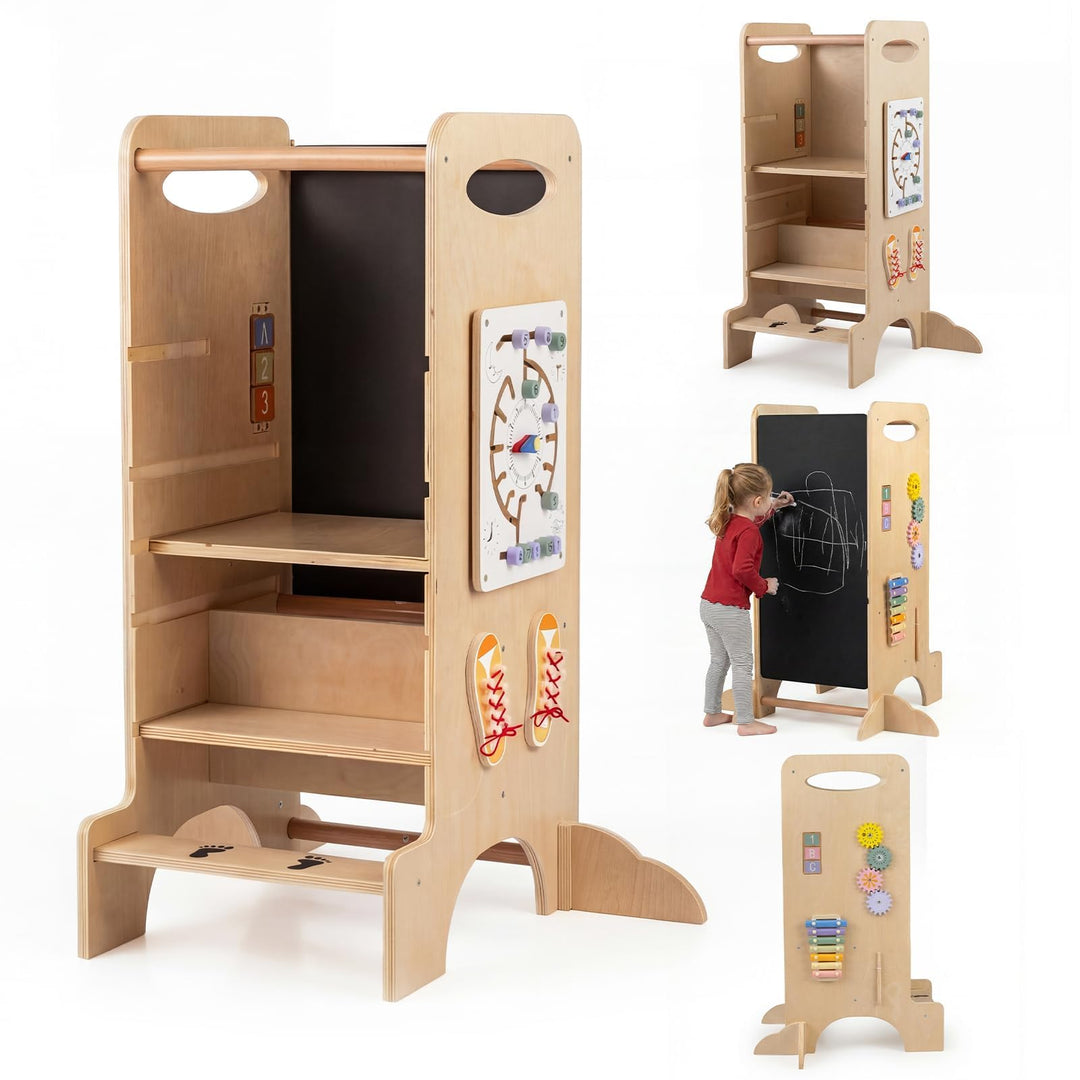 COSTWAY 4 in 1 Lernturm mit Spieltablett, Tritthocker Montessori mit 3 verstellbaren Höhen &amp; Abnehmb