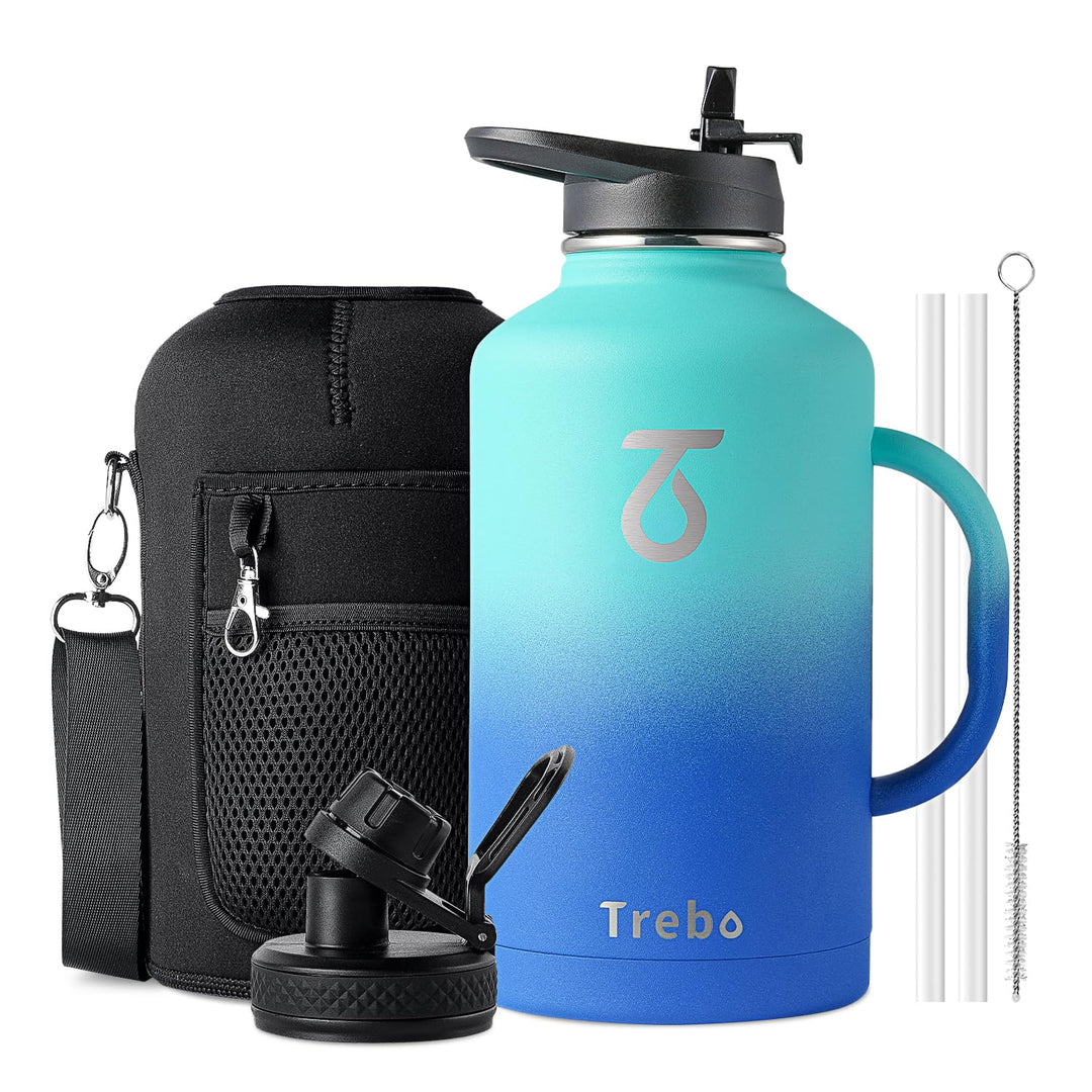 Trebo Isolierte Wasserflasche mit Griff, doppelwandig, Edelstahl, Metall, grosser Krug, Reiseflasche