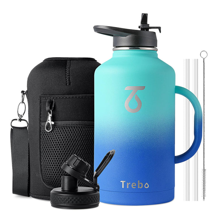 Trebo Isolierte Wasserflasche mit Griff, doppelwandig, Edelstahl, Metall, grosser Krug, Reiseflasche