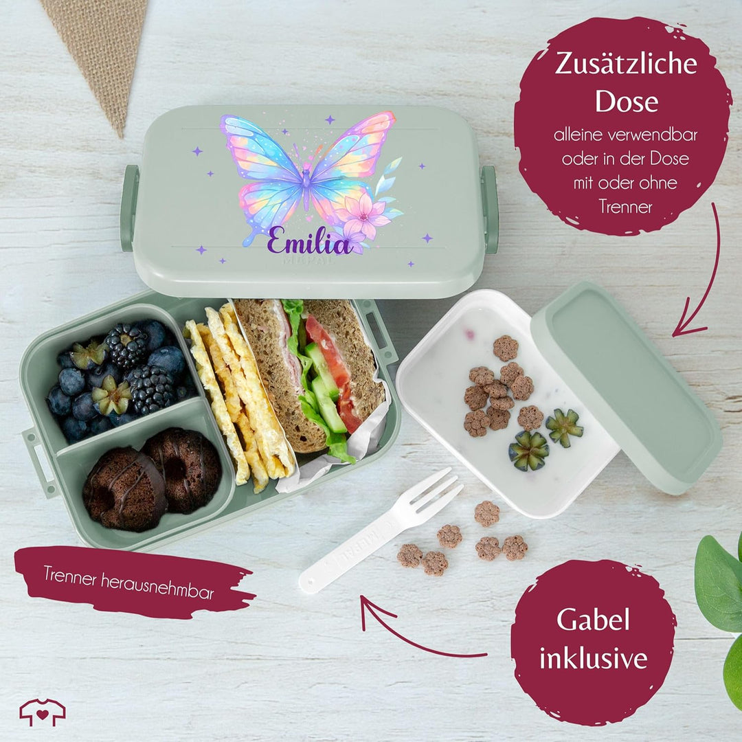 Kinder Bento Box Midi Lunchbox für Mepal Bentobox - Brotbox Schmetterling Schulkind Geschenk mit Nam