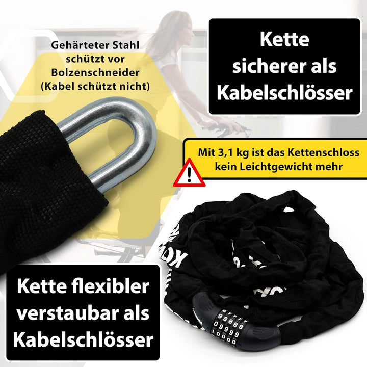 KOHLBURG 5m Kettenschloss extra lang mit Zahlen Kombination - 500cm Kette &amp; 6mm Spezialstahl mit Zah