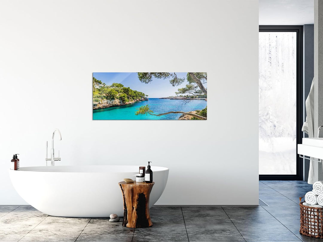 Glasbild Panorama | Wandbild aus Echtglas | Mallorca Bay Cove | 100x40 cm | inkl. Aufhängung und Abs